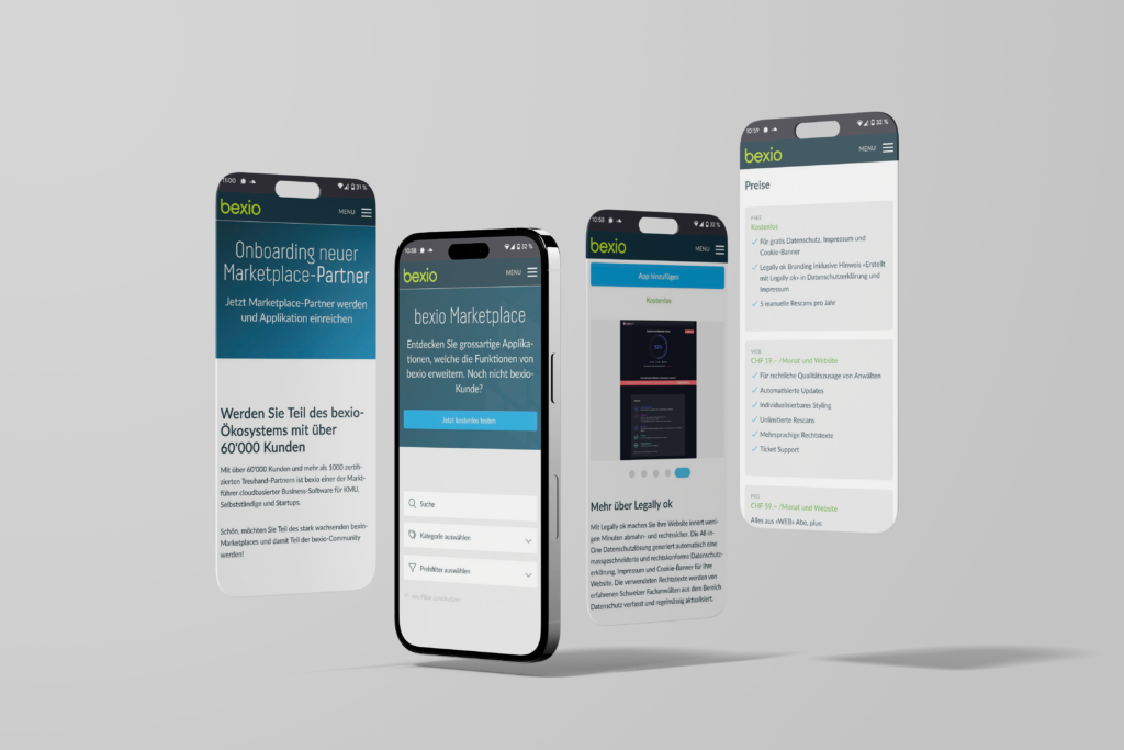 Preview of bexio marketplace screens on phone screens.